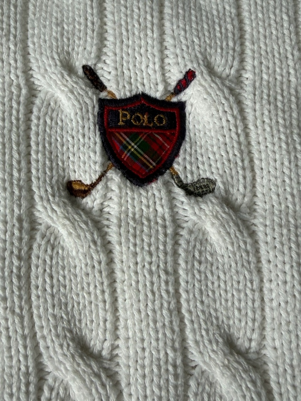 Polo Ralph Lauren White Cable Knit Sweater with Golf Crest Embroidered Patch- XL - Picture 3 of 8